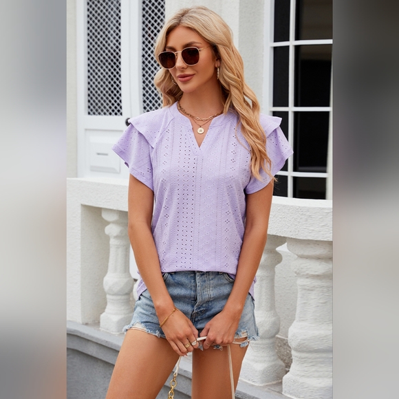 Eyelet Notched Short Sleeve T-Shirt Top - Picture 2 of 5